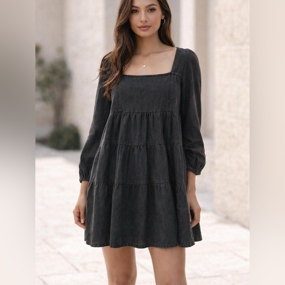 idem ditto Dresses & Skirts - Square Neck Dark Wash Tiered Long Sleeve Denim Dress L
